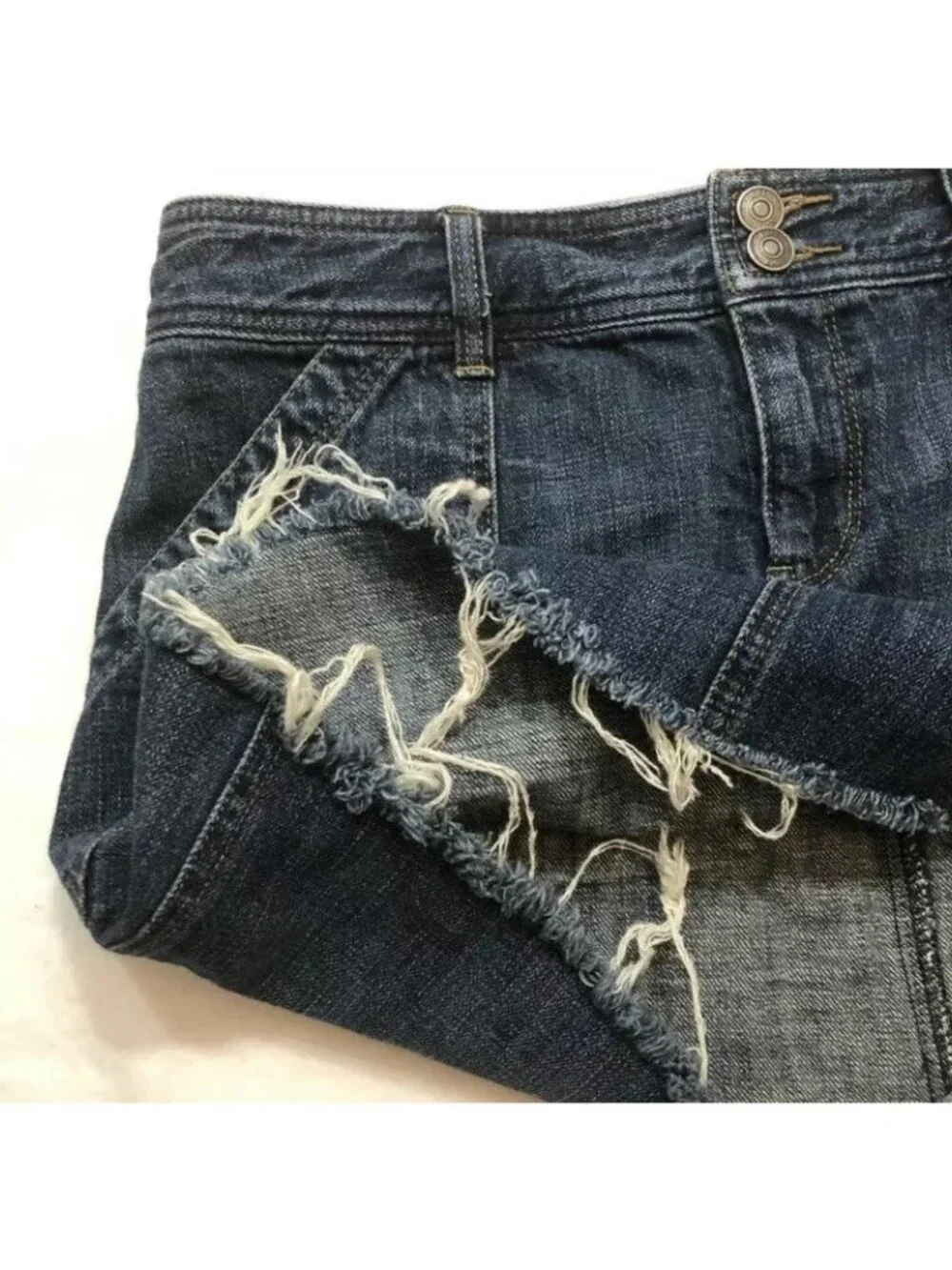 Loft Ann Taylor Mini Skirt Denim Jean Size 4 Frayed Fringe Cutoff Distressed Rag - Picture 7 of 8